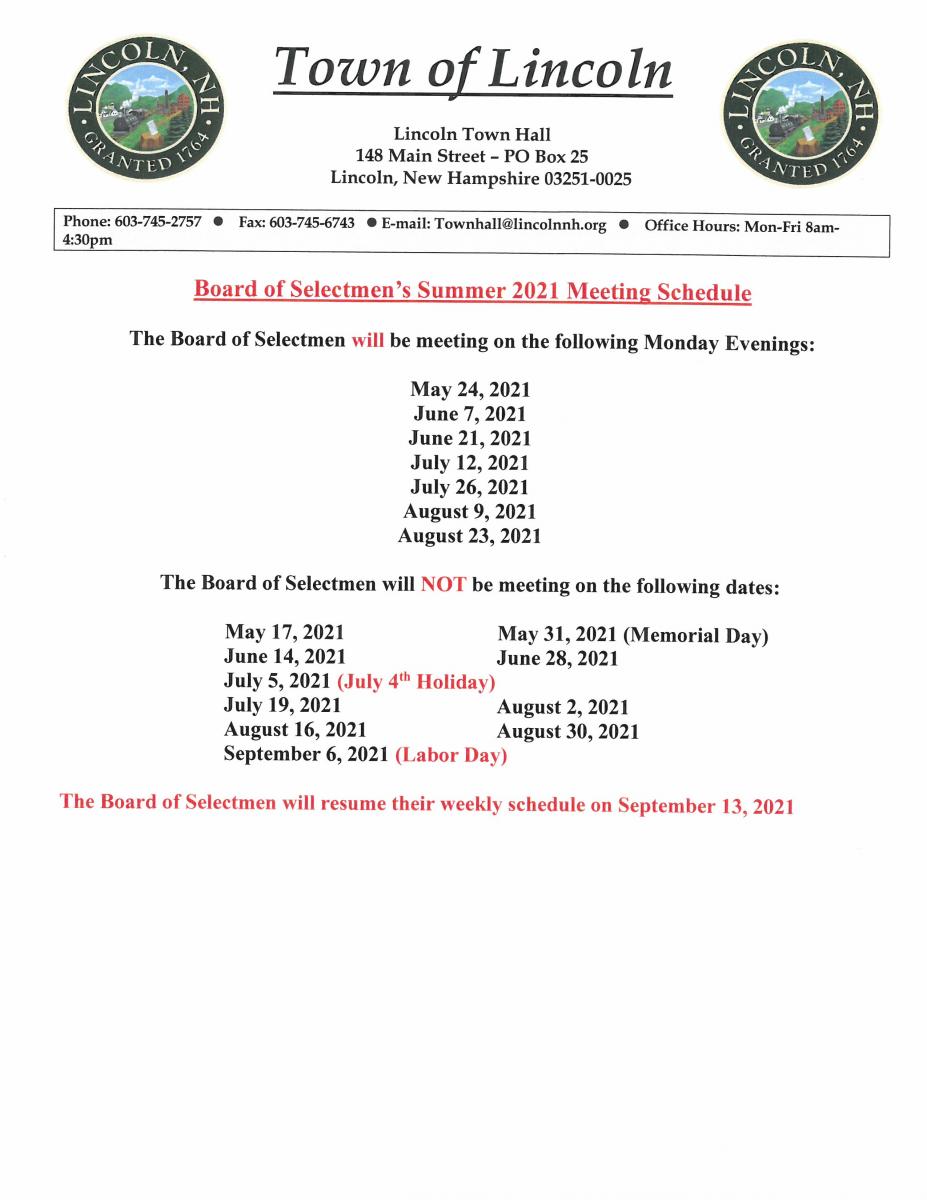Summer BOS Meeting Schedule